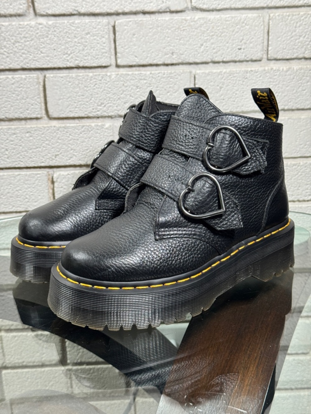 Dr. Martens Black Leather Platform Ankle Boots with Heart Buckles